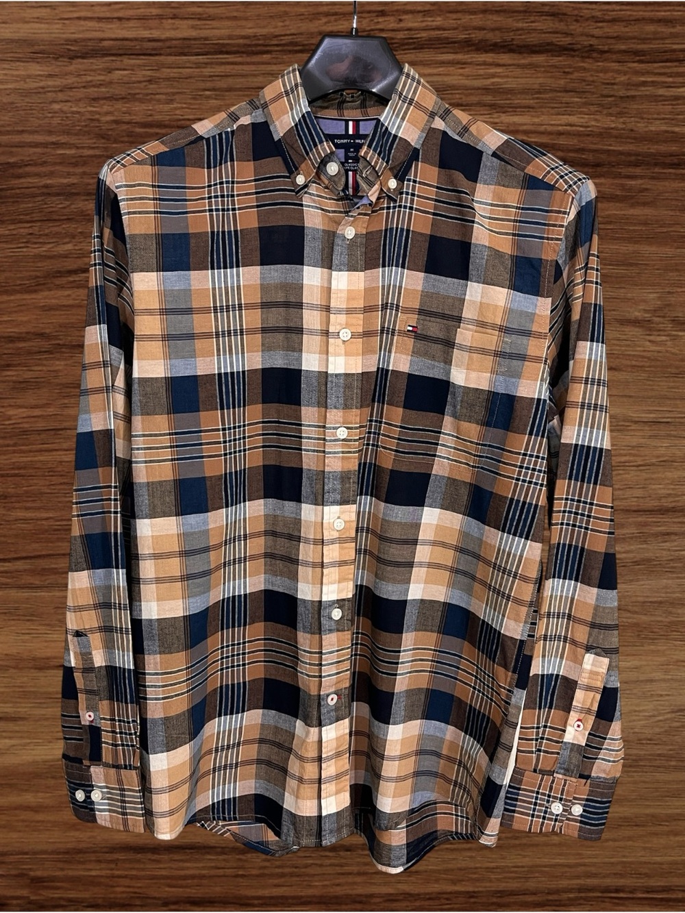 Tommy Hilfiger Tan and Blue Plaid Long Sleeve Button Down. Classic Fit - Medium